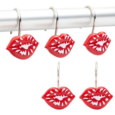 Okuna Outpost Set of 12  Red Lips Shower Curtain Hangers Hooks, Decorative Stainless Steel Bathroom Decor