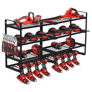 4-Layer Power Tool Organizer Wall Mount, 400Lbs Garage Storage Rack with 8 Cordless Drill Holder, Heavy Duty Utility Shelf - 1 of 4