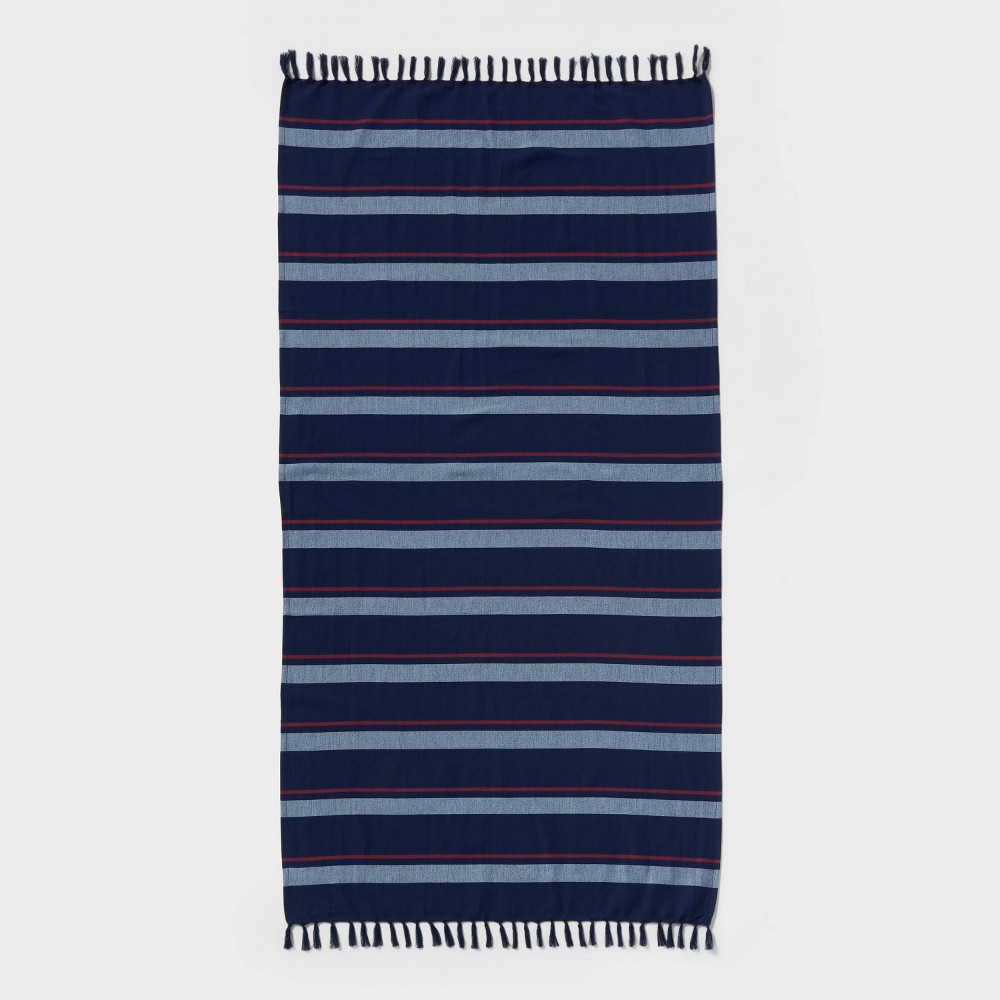36"x72" Jacquard Lightweight Striped Oversized Beach Towel with Knotted Fringe Navy Blue - Room Essentials™