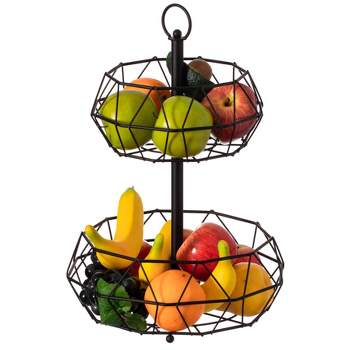 Basicwise 2 Tier Free Fruit Basket for Kitchen | Detachable Carbon Steel Stable Fruit Storage Organizer for Breads, Snacks, and Vegetable, Black