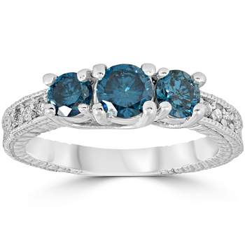 Pompeii3 1 Carat Treated Blue Diamond Vintage 3 Stone Ring 10K White Gold