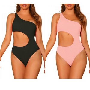 Elerevyo Women's One Shoulder Monokini Asymmetric Waist Cutout Solid Swimwear Bathing Suit 2 Sets - 1 of 4