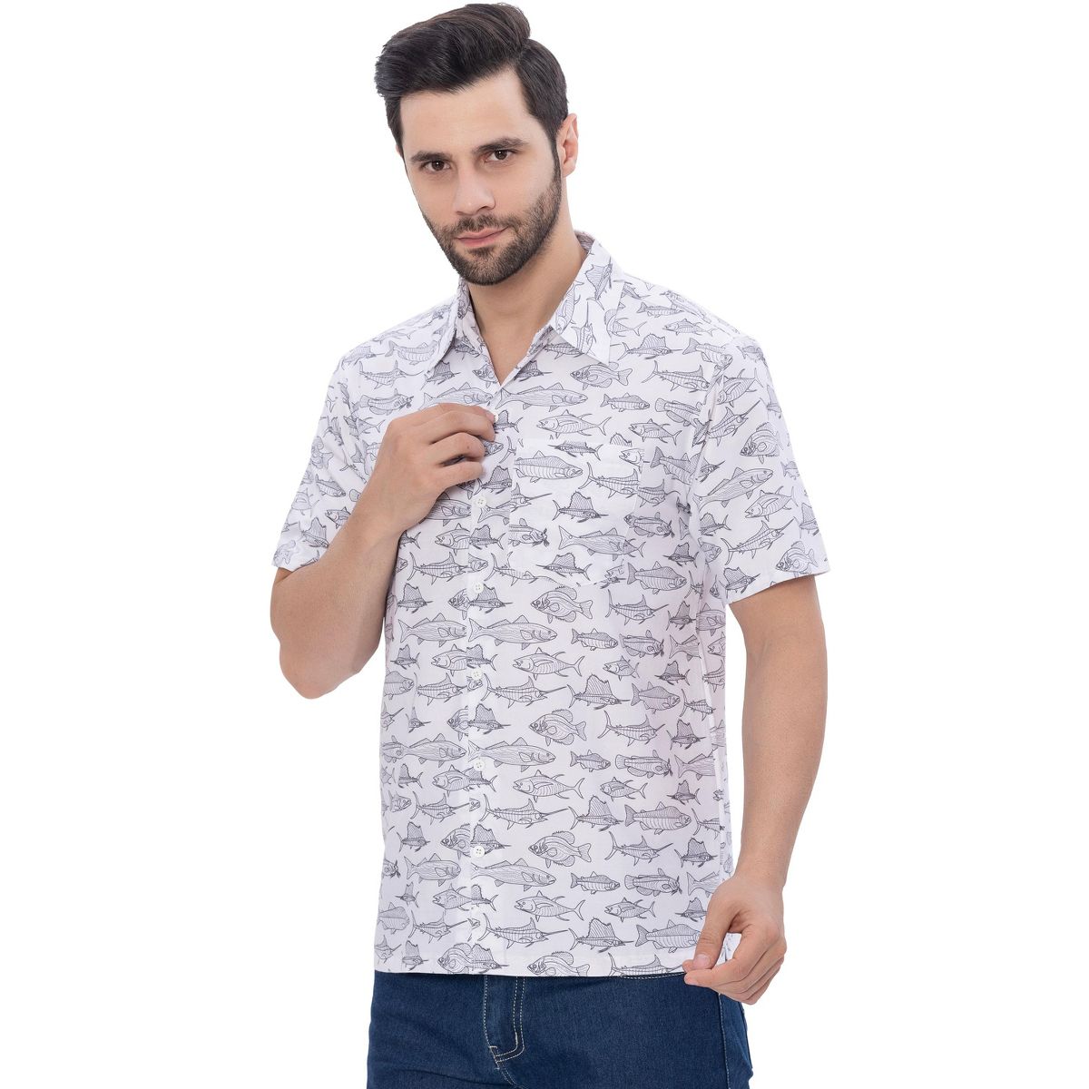 HAPPY BAY Mens Short Sleeve Button Down Casual Beach Shirt XXL Saltwater Fish White - thumbnail 5
