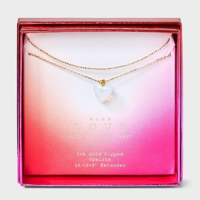 14K Gold Dipped Opalite Chain Cubic Zirconia Multi-Strand Stone Heart Pendant Necklace - A New Day™ Gold