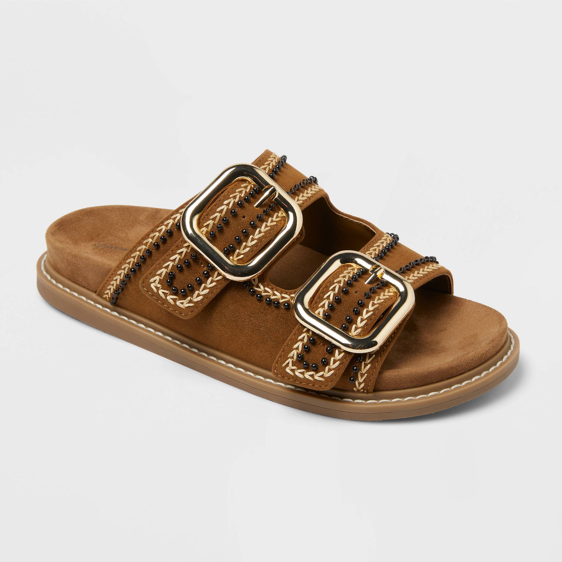 Women's Collin Double Buckle Footbed Sandals - Universal Thread™ Chestnut 5.5: Slip-On, Open Toe, Medium Width