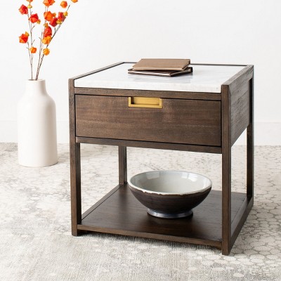 Transitional Dark Chocolate 1-Drawer Nightstand with White Marble Top