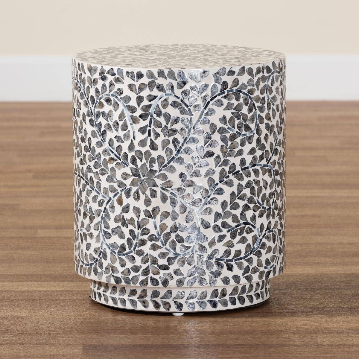 bali & pari Marilla Mother of Pearl Capiz Shell Ottoman Footstool Mosaic Black/White