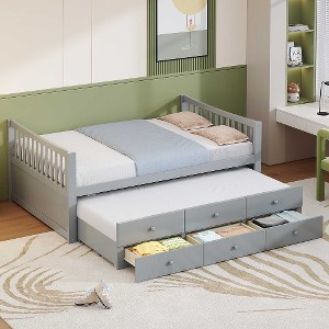 Lyngins Daybed with Pull-Out Trundle & 3 Drawers, Solid Frame Platform Bed, Wood Slat Support, Beds with Storage, Twin Bed Frame - 1 of 4