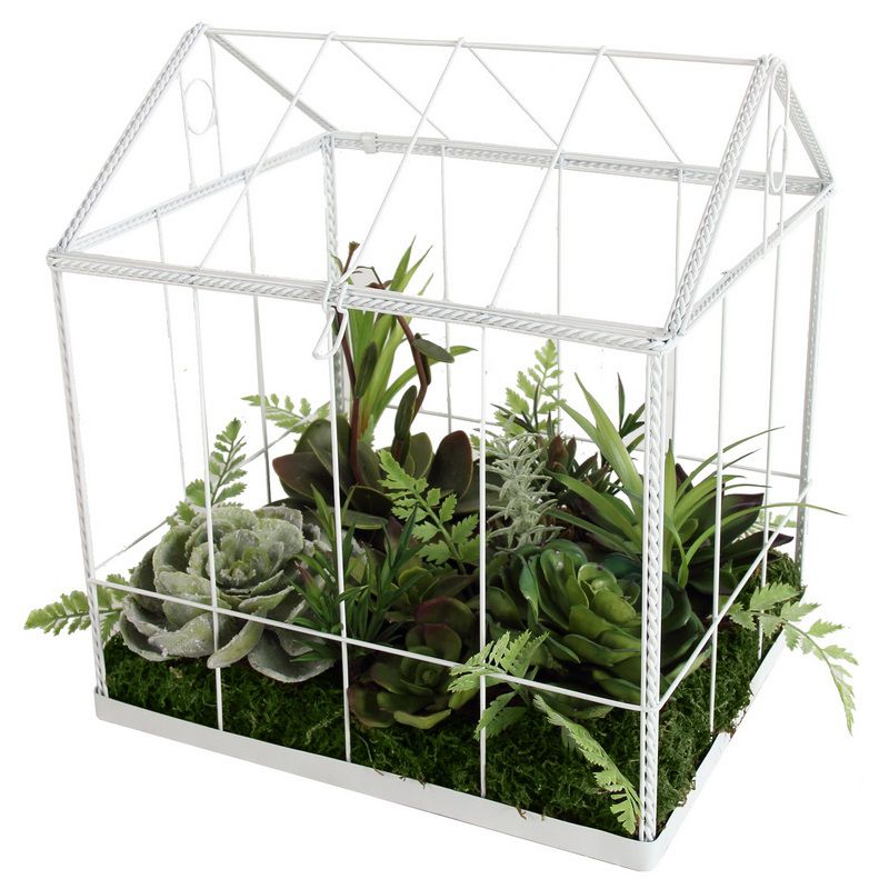 A & B Home 10" Artificial Succulent Garden in Greenhouse - Green/White, 1 of 3