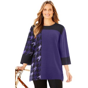 Catherines Women's Plus Size Jacquard Colorblock Pullover - 1 of 4