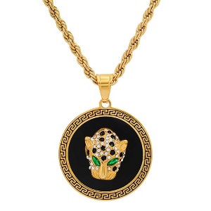 Steeltime 30" 18k Gold Plated Stainless Steel And Grey & White Simulated Diamonds Cheetah's Head Round Pendant With Greek Key Accents - 1 of 4
