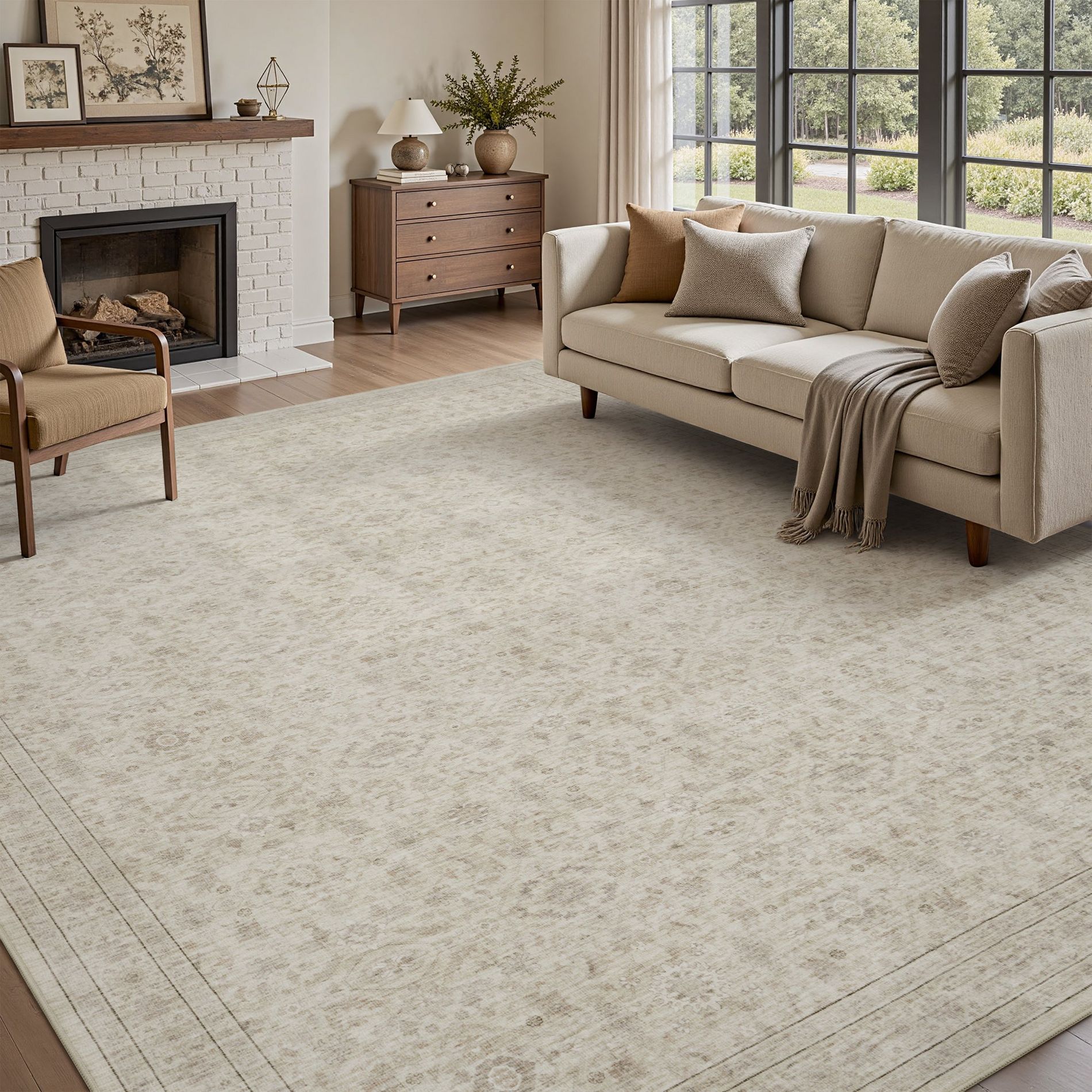 MontVoo Washable Non-Slip Vintage-Inspired Area Rug Beige  5'x7'