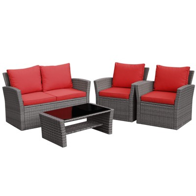 Tangkula 4-Piece Rattan Wicker Patio Outdoor Furniture Sofa Set with Cushions & Tempered Glass Table