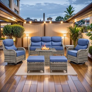 Buenhomino 7 Pieces Patio Furniture Sets with Fire Pit Table, Wicker High Back Outdoor Swivel Rocking Chairs Set with 3-Seat Couch, Ottomans and Table - 1 of 4