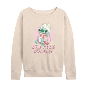 Women's - Lilo and Stitch - Stitch Self Care Lightweight French Terry Wide Neck Long Sleeve Shirt - 1 of 4