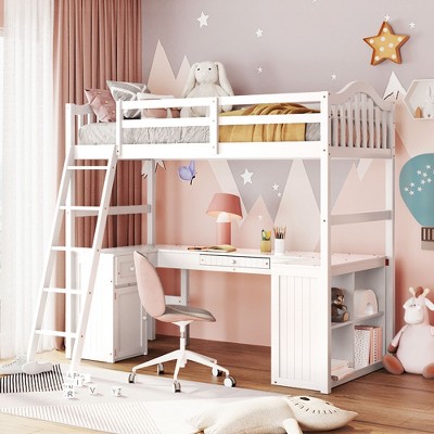Twin Size Loft Bed with Built-in Desk and Drawers, Wooden Study Loft Bed Frame with Ladder and Shelves - ModernLuxe
