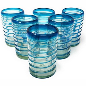 Dos Sueños Mexican Hand Blown  Drinking Glasses - Aqua Spiral - 14oz - Set of 6 - 1 of 4