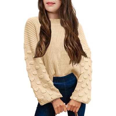 Girls Crewneck Knit Pullover Sweaters Long Lantern Sleeve Oversized Knit Cute Jumper Tops