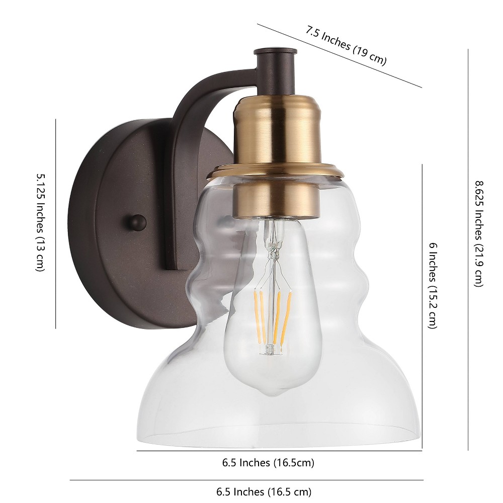 6.5" 1-Light Manhattan Vintage Metal/Glass Industrial Rustic LED Vanity Brass Gold/Oil Rubbed Bronze - JONATHAN Y: ETL Listed, Clear Glass Shade