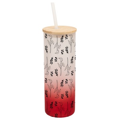 Elanze Designs Calla Lily Flower Floral Wrap-Around Design 25 Ounce Frosted Gradient Glass On-The-Go Coffee Travel Skinny Tumbler Mug Cup, Bamboo Lid