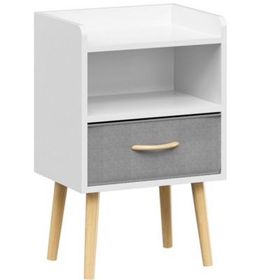 PDTEND 2-Tier Storage End Table with Collapsible Fabric Drawer, Wood Side Table with Storage Cabinet - White