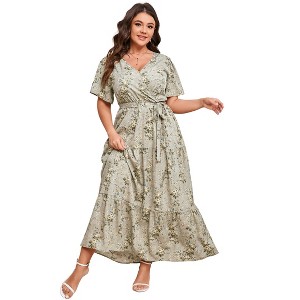 BLUEMING Summer Maxi Dress for Plus Size Women Tie Wasit Surplice Dress Flutter Sleeve A-Line Dress - 1 of 4