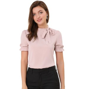 INSPIRE CHIC Women's Bow Tie Neck Solid Color Elastic Cuffs Elegant Office Short Sleeve Blouse - 1 of 4