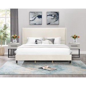 Roundhill Furniture Arles 3-Piece Upholstered Bedroom Set, Wingback Platform Bed with Two Nightstands - 1 of 4