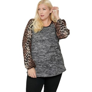 Slickblue Stylish & Fashionable Two-Tone Color Top - Cheetah/Camo Print Bubble Sleeves, 1XL-3XL, Comfortable Fit - 1 of 4