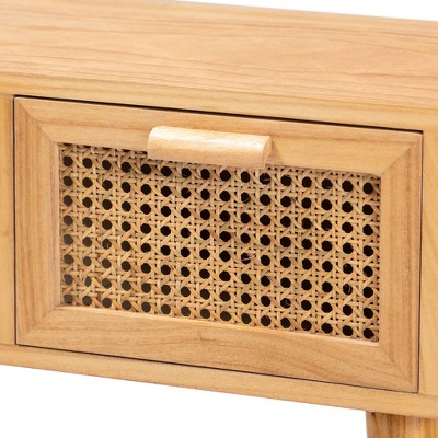 Mid-Century Oak Brown Wood Console Table with Rattan Drawers