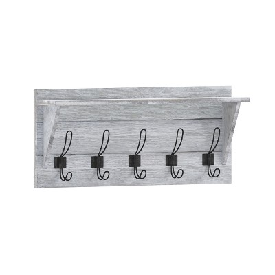 Merrick Lane Pine Wood 24 Inch Wall Mount Storage Rack with 5 Hanging Hooks and Upper Display Shelf