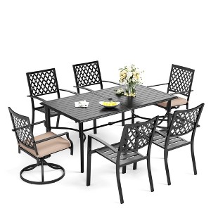 Captiva Designs 7pc Patio Slatted Top Steel Dining Table with Umbrella Hole & Stylish Back Metal Chairs - 1 of 4