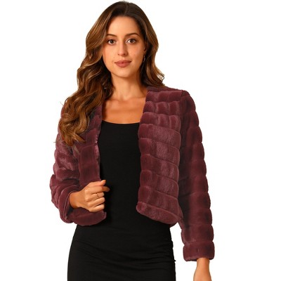 Allegra K Women's Winter Warm Cropped Collarless Faux Fur Fluffy Jacket