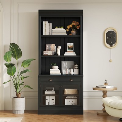 Tall Bookcase with Drawer and Glass Doors, Freestanding MDF Bookcase with Open Shelves for Living Room, 83.4 in Tall-3irtyhousy