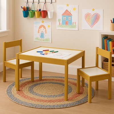 PJ Wood 3 Piece Natural Rubberwood Table and Chairs Set with White Wipeable Surface