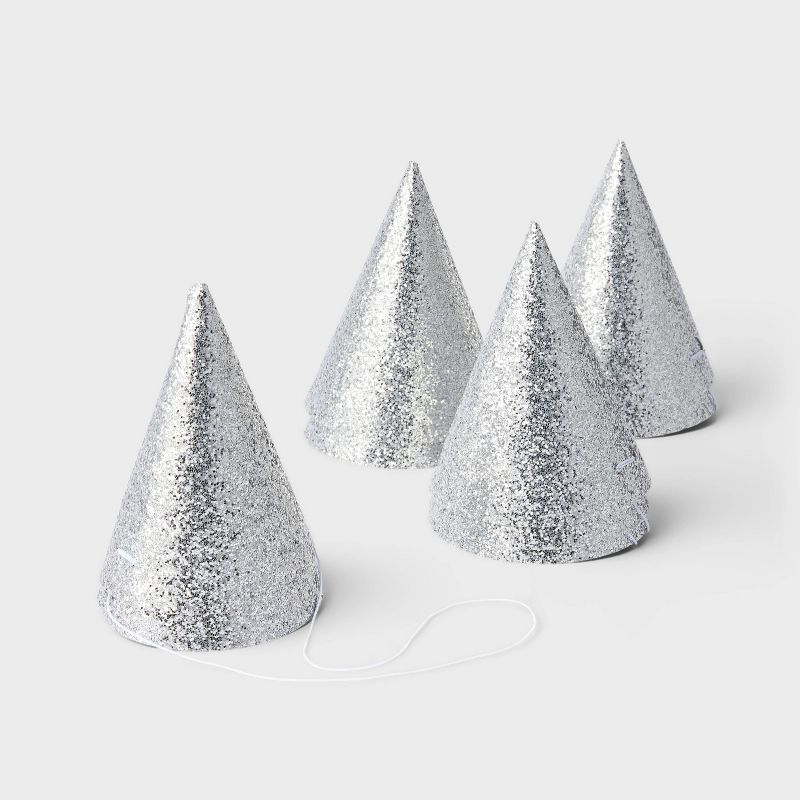 10ct 5&#34; Glittered Party Hats Silver - Spritz&#8482;, 1 of 5
