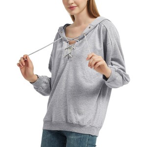 Anna-Kaci Women's Lace Up Criss Cross V Neck Hoodies Long Sleeve Top - 1 of 4