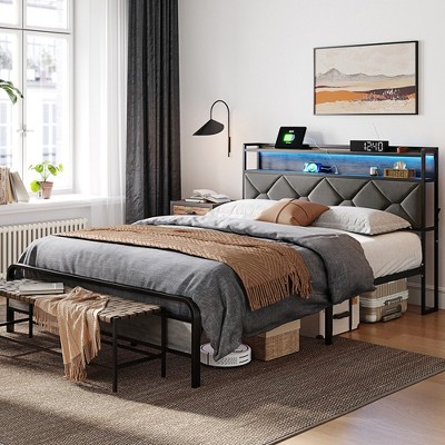Bed Frame, Upholstered Platform Frame with Storage Headboard, LED and Charging Station