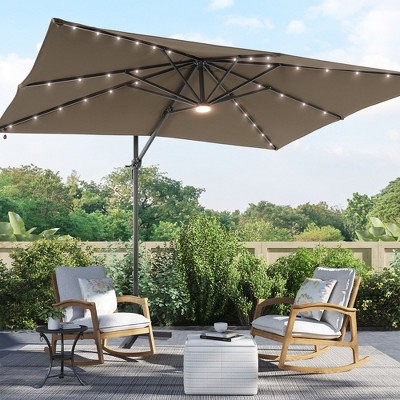 Sonkuki 10x8FT Round Offset Outdoor Patio Solar LED Cantilever Umbrella w/Aluminium Pole, 360° Rotation and Canopy Angle Adjustment