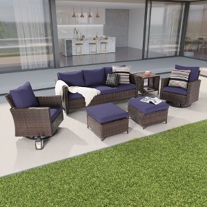 Sonkuki 6-Piece Patio Conversation Set with Swivel Rocking Chair and Side Table, Navy Blue Cushion - 1 of 4
