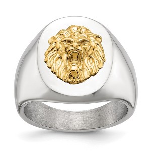 Chisel Stainless Steel Polished with 14K Gold Accent Lion Head Signet Ring - 1 of 4