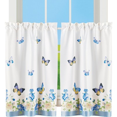 Collections Etc Blue & Ivory Floral Rose Butterfly Window Curtains