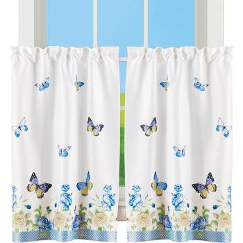 Collections Etc Blue & Ivory Floral Rose Butterfly Window Curtains