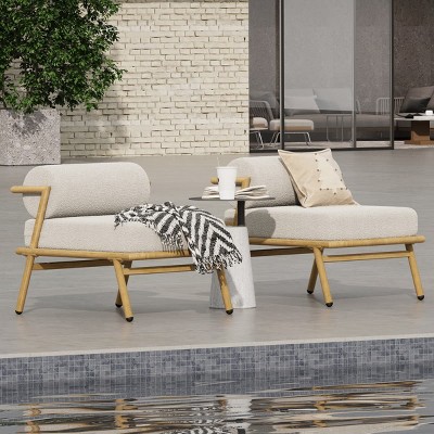 Set of 2 Outdoor Club Chairs Wood Inspired, Lounge Chair with Teak Finished Iron Frame and Cushions-Maison Boucle