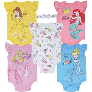 Disney Princess Ariel Belle Cinderella Rapunzel Tiana Snow White Aurora Baby Girls 5 Pack Bodysuits Newborn to Infant - 1 of 4