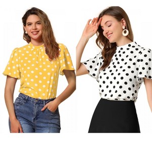 INSPIRE CHIC Women's Polka Dots Stand Collar Pleat Keyhole Back Short Flare Sleeve Tops 2 Packs - 1 of 4