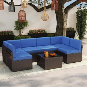 Kinsuite 7Pcs Patio Conversation Set - Wicker Backyard Furniture Outdoor Furniture with Cushions Blue 7 - 1 of 4