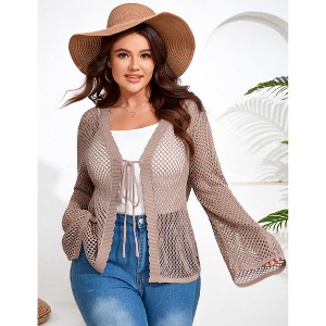 Women's Plus Size Knit Open Front Cardigan Hollow Out Summer Cardigan - 1 of 4