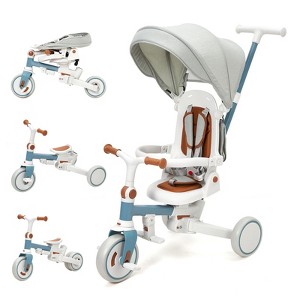 7-in-1 Foldable Baby Tricycle with Adjustable Parent Handle – Toddler Trike with Safety Harness, Wheel Brakes & Removable Canopy - 1 of 4