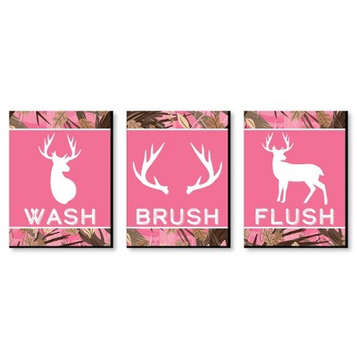 Big Dot of Happiness Pink Gone Hunting - Kids Bathroom Rules Wall Art - 7.5 x 10 inches - Set of 3 Signs - Wash, Brush, Flush